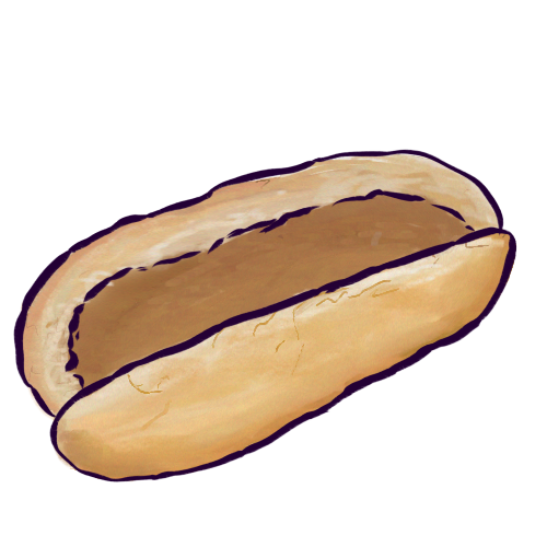  A drawing of a hot dog bun, which is a long bread roll cut in half lengthwise with a small bit at the bottom left uncut to hold the two halves together. It is colored in a painterly style and has very dark purple outlines